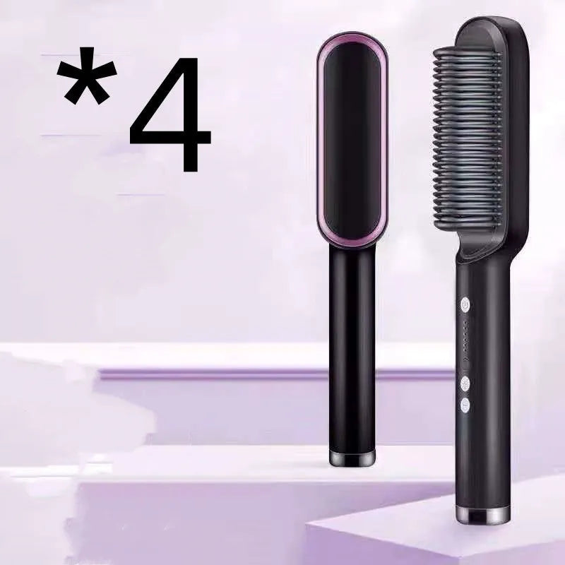Red and black dual-function 2-in-1 hair straightener and curling tong hot comb on a white background