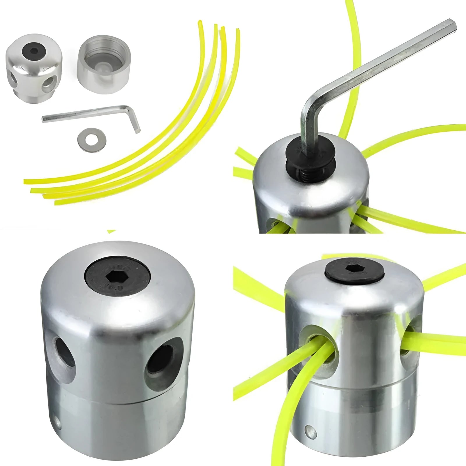 Silver aluminium lawn mower trimmer head with four light yellow grass lines, wrench, and gasket.
