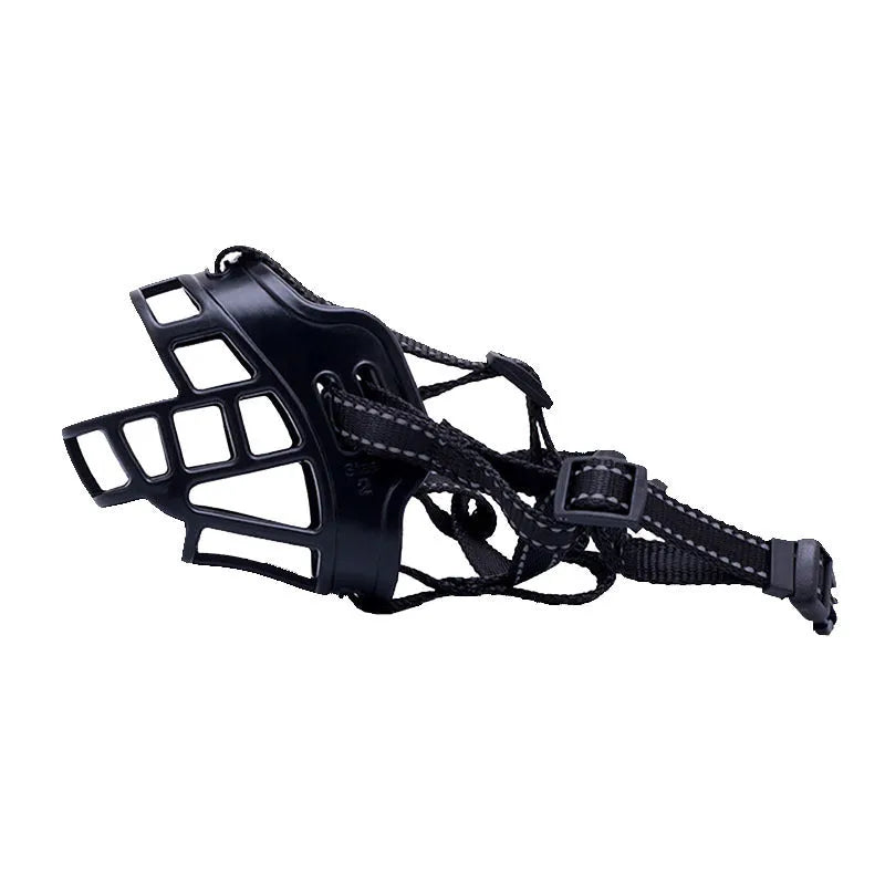 Adjustable soft rubber dog muzzle in black with size options from 18cm to 43cm