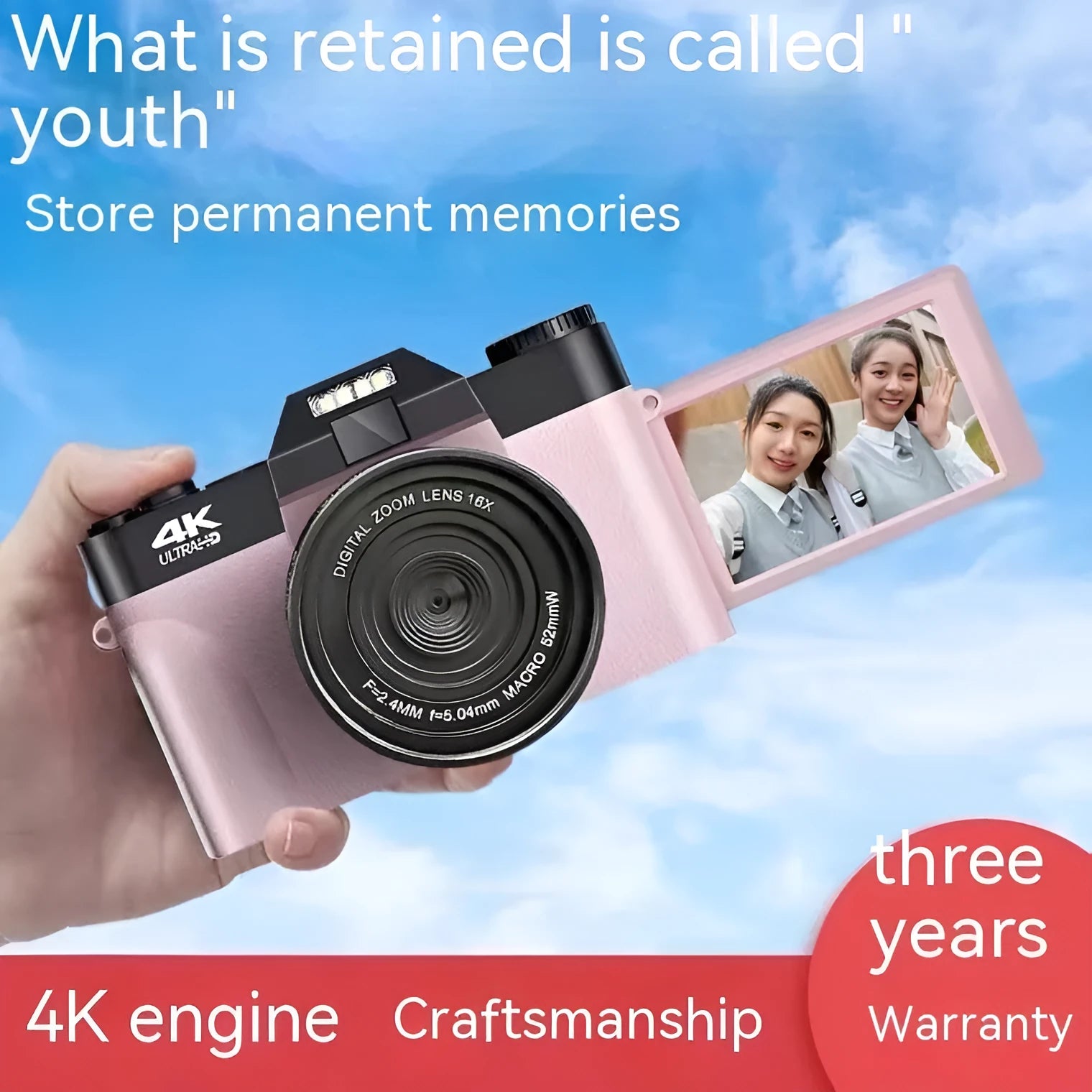 Entry-level digital mirrorless camera with Full HD screen in blue, grey, orange, and pink colour options