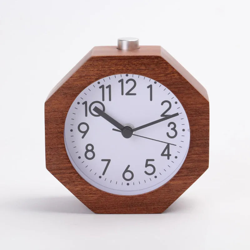 Nordic beech wood hexagonal luminous alarm clock with white face and wood shell