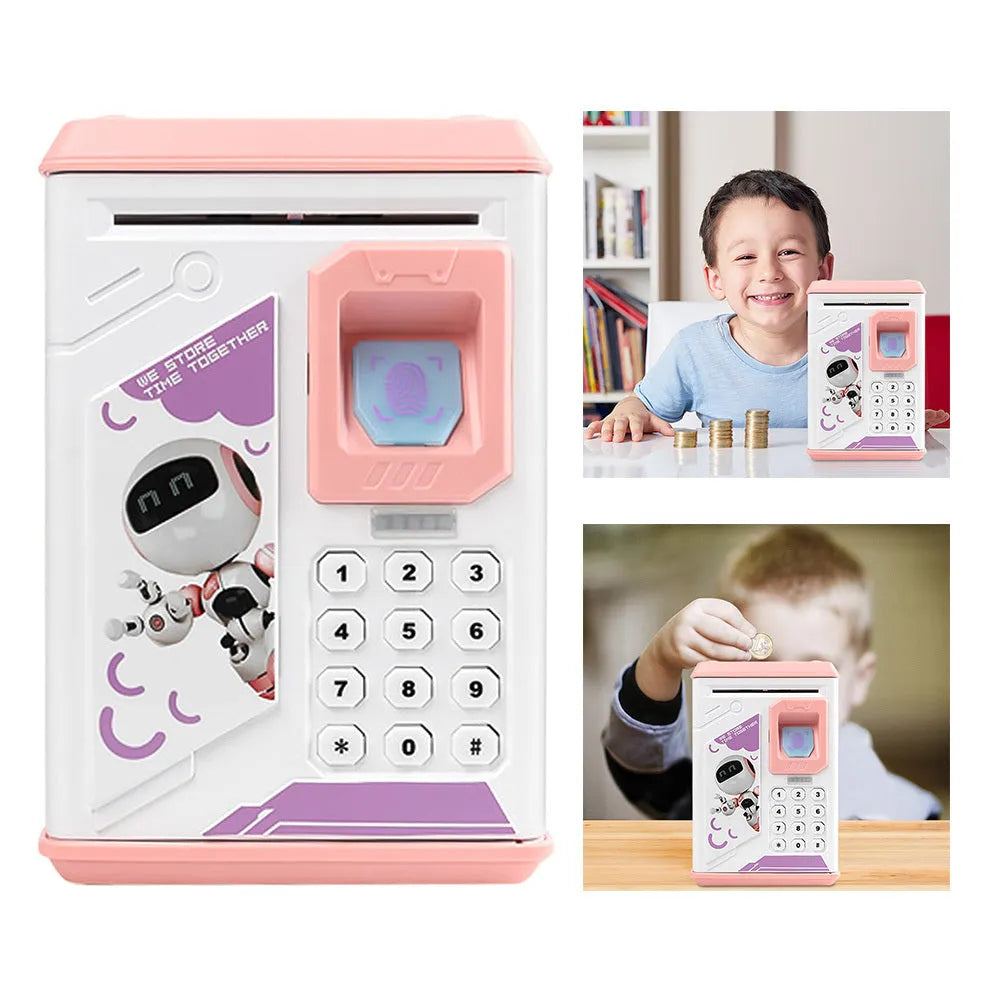 Electronic fingerprint piggy bank in blue or pink, plastic coin and note saving box, 13x13x24cm, 750g