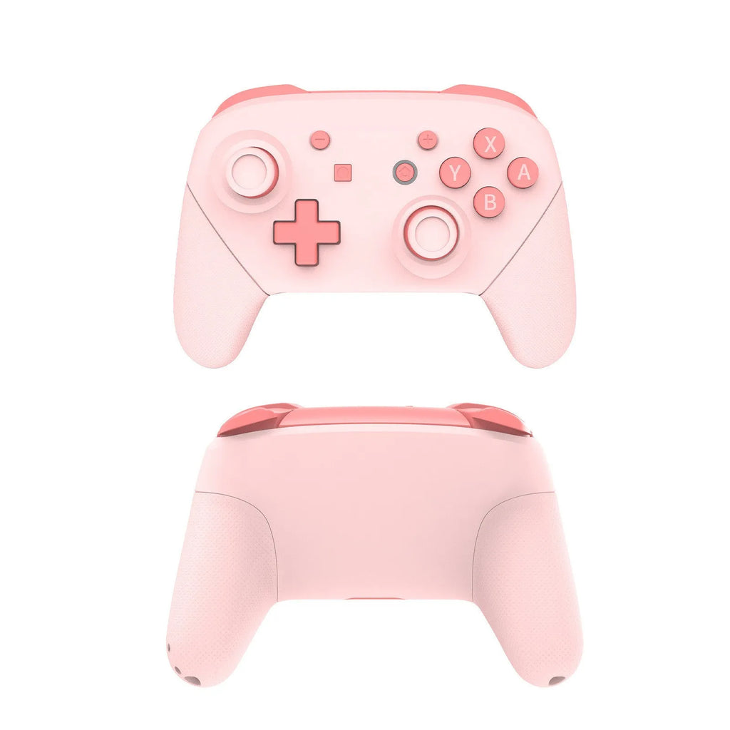 Wireless game controller in pink with USB charging cable, compatible with Switch PC Tesla