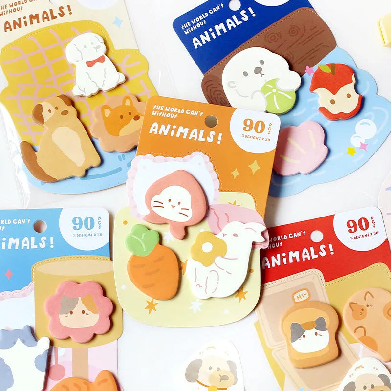 Animal-shaped sticky note set showing one of six cover options, including Good Night Bunny and Sea Otter designs