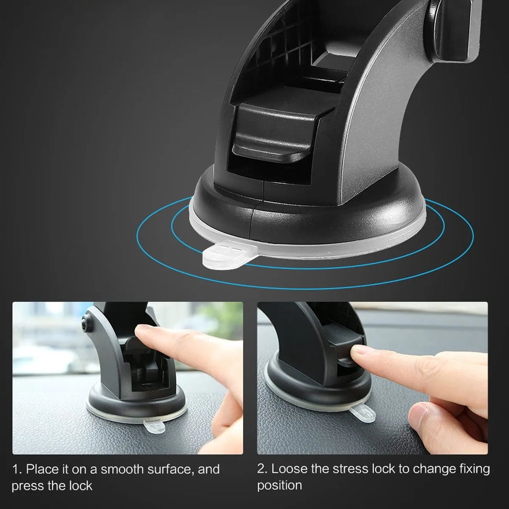 Yellow and black telescopic car phone holder with suction cup extended on a car dashboard.