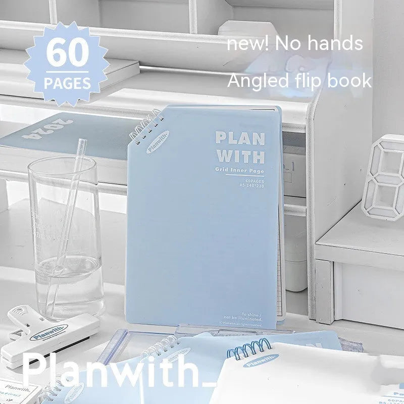 Oblique Angle artsy style A5 and B5 softcover notebooks with plaid, blue, and white cover options.