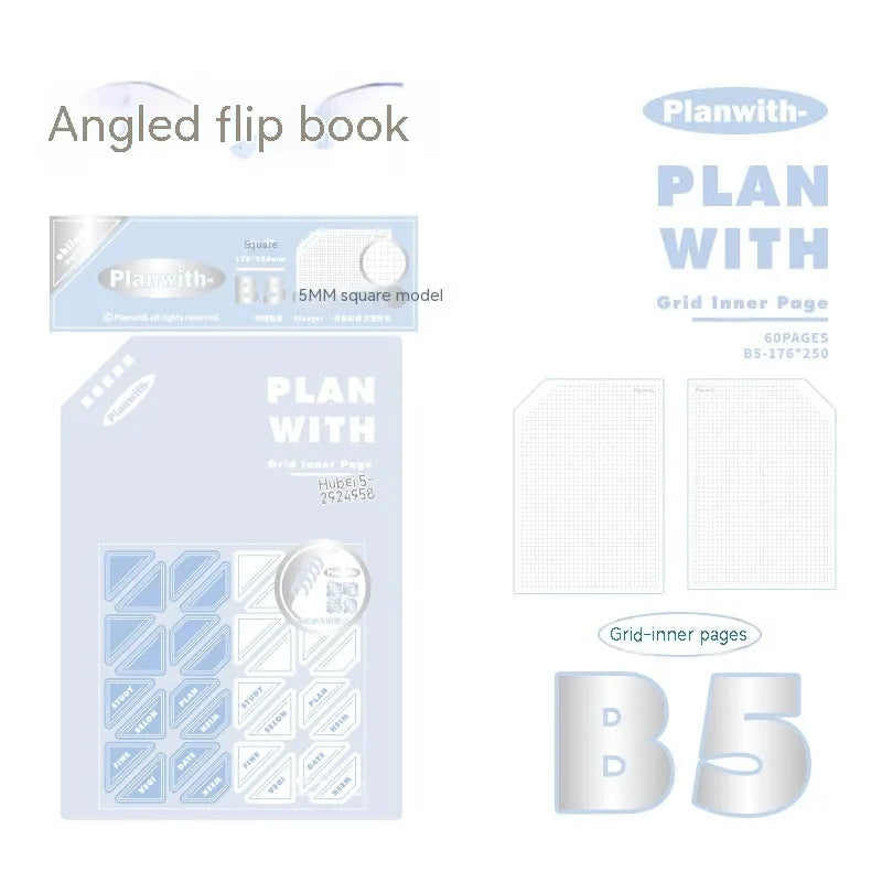 Oblique Angle artsy style A5 and B5 softcover notebooks with plaid, blue, and white cover options.