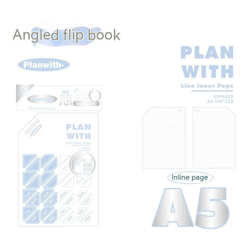 Oblique Angle artsy style A5 and B5 softcover notebooks with plaid, blue, and white cover options.