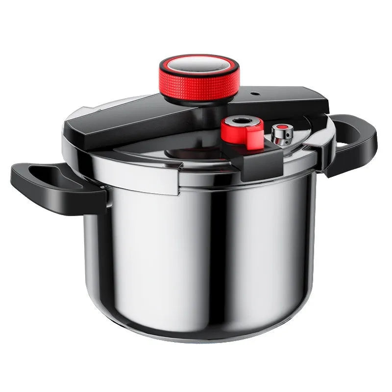 Stainless steel 6 litre pressure cooker with three-speed lid and non-stick interior