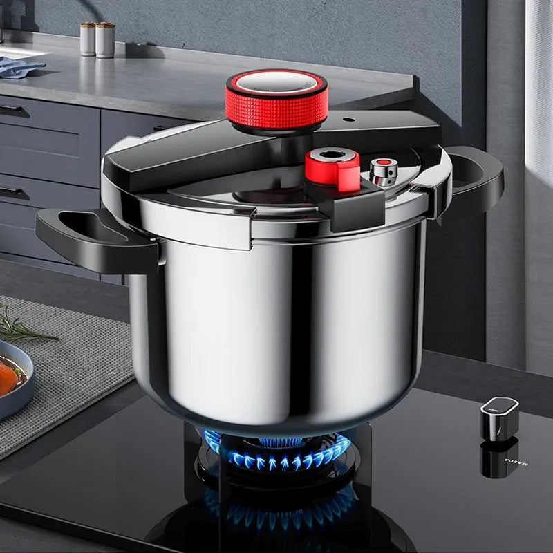 Stainless steel 6 litre pressure cooker with three-speed lid and non-stick interior