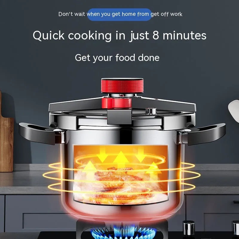 Stainless steel 6 litre pressure cooker with three-speed lid and non-stick interior