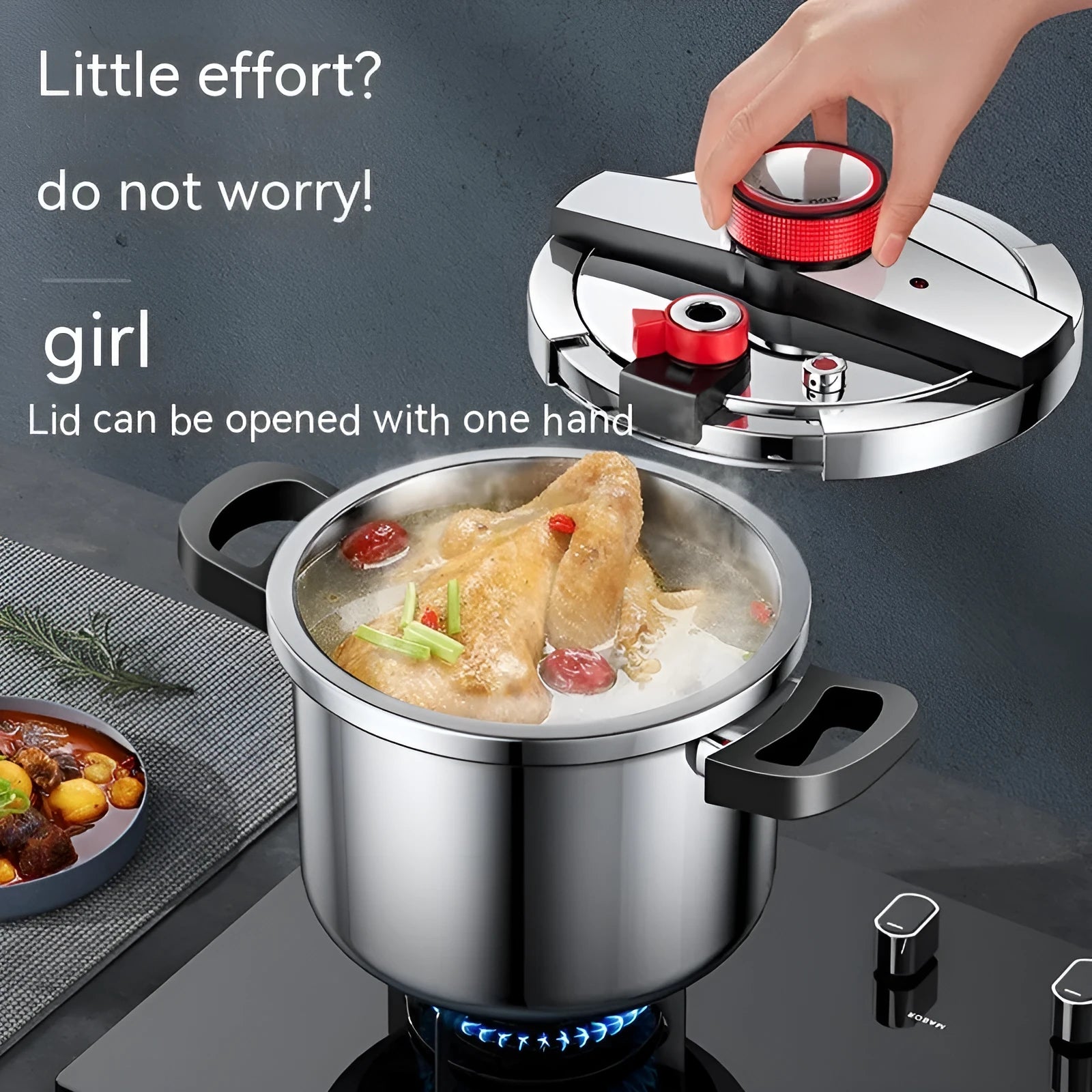 Stainless steel 6 litre pressure cooker with three-speed lid and non-stick interior