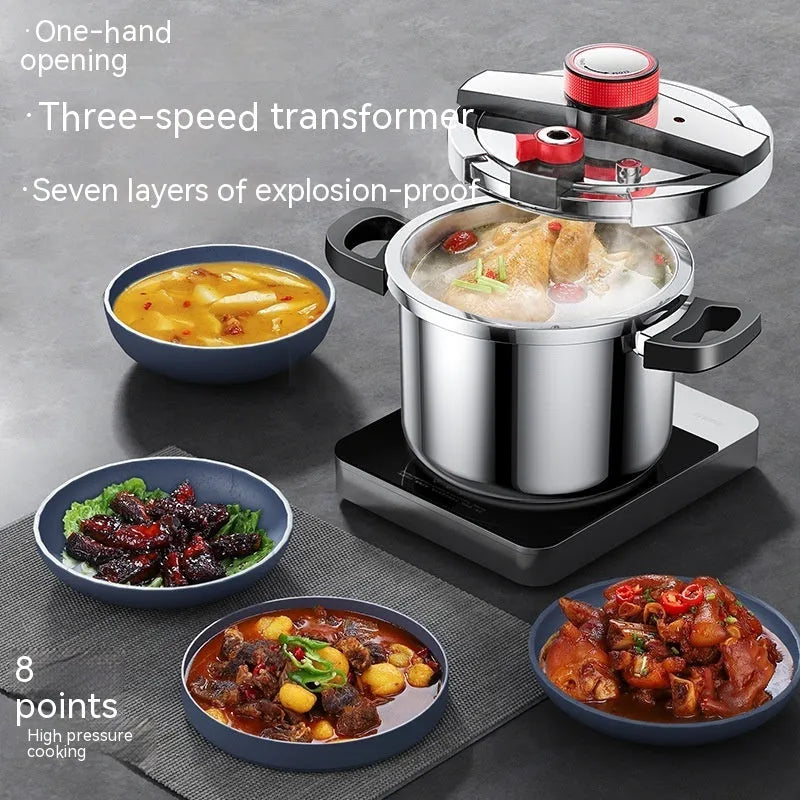 Stainless steel 6 litre pressure cooker with three-speed lid and non-stick interior