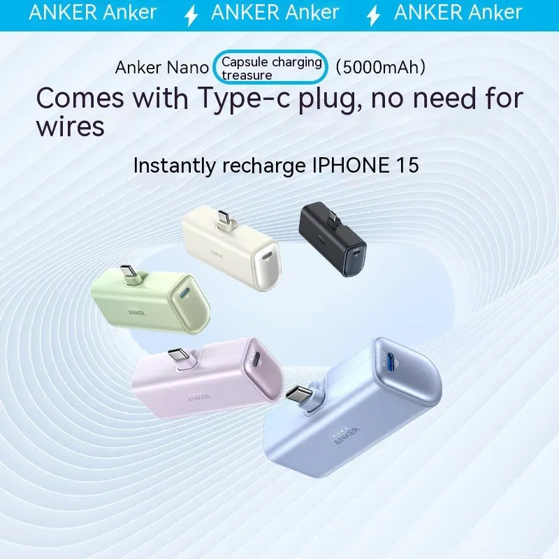 Small capsule-shaped 5000mAh power bank with foldable USB-C head in multiple colours.