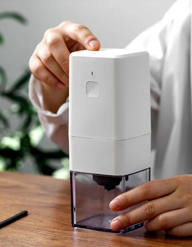 Square electric coffee bean grinder in black with USB-C cable, copper motor, 25-30g bean warehouse