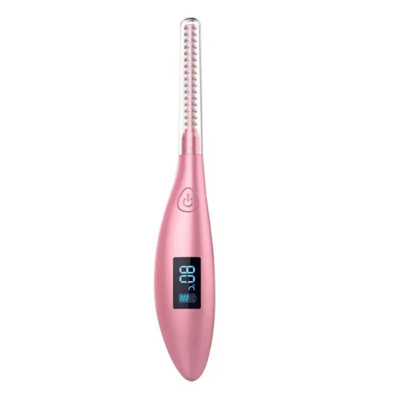 USB rechargeable electric eyelash curler with ceramic 80°C heating and curved brush head in black