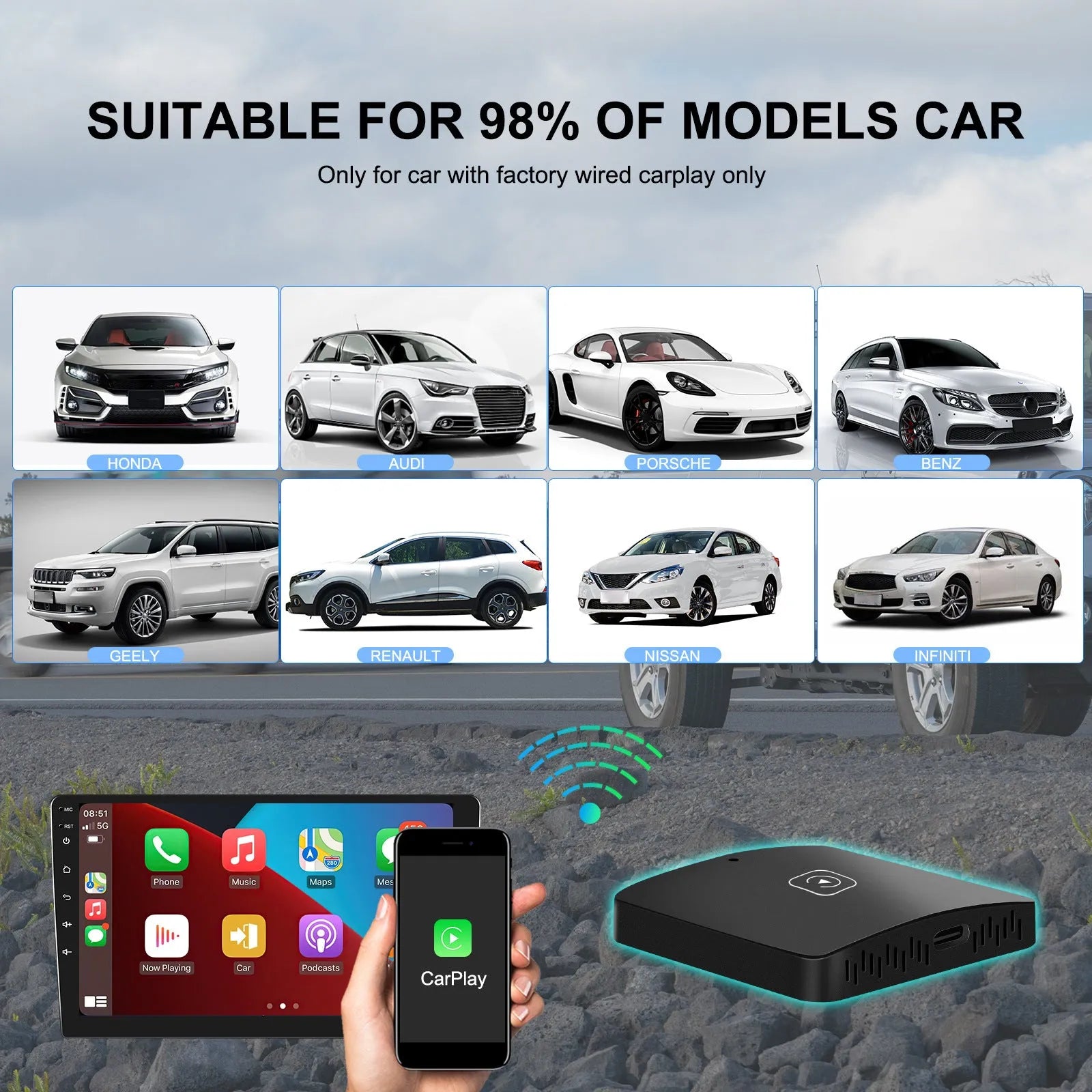 Black wireless CarPlay adapter module with USB cables for converting wired CarPlay systems