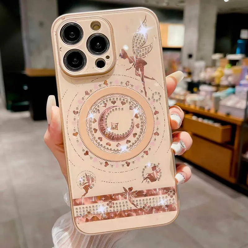 Butterfly fairy diamond magnetic phone case with rhinestone bow, TPU PC shell, pink white or rose gold