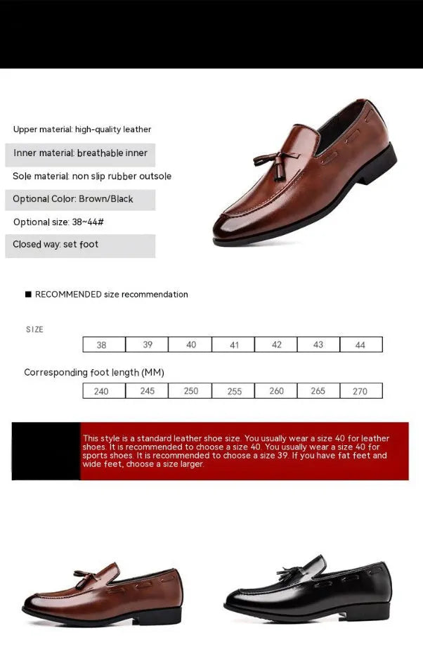 Men's low heel pointed toe leather shoes in black with patent finish and rubber sole
