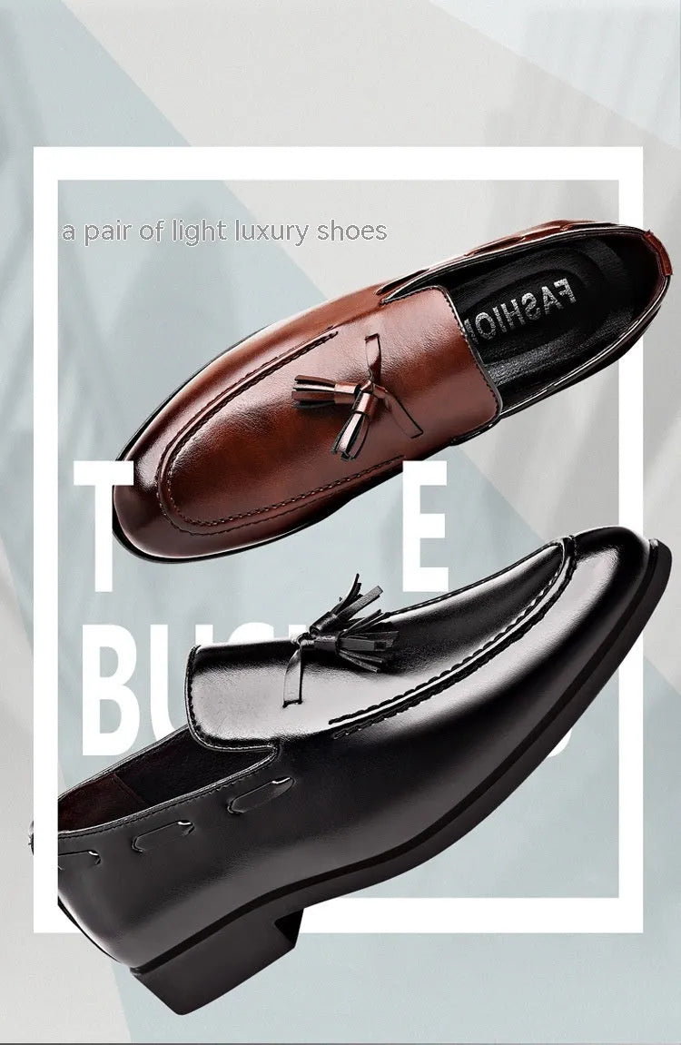Men's low heel pointed toe leather shoes in black with patent finish and rubber sole