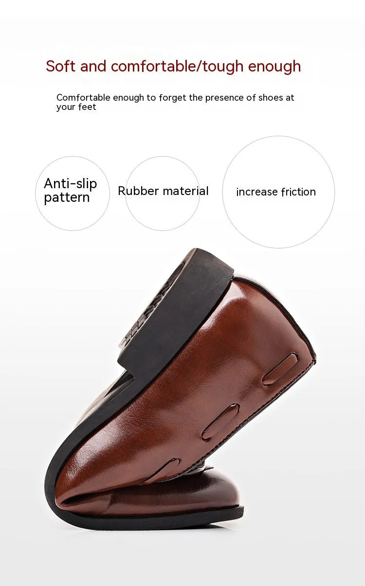 Men's low heel pointed toe leather shoes in black with patent finish and rubber sole