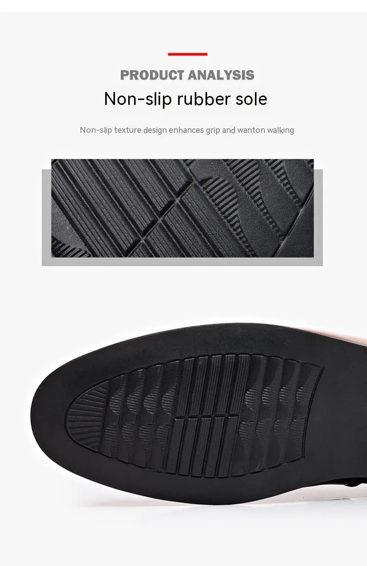 Men's low heel pointed toe leather shoes in black with patent finish and rubber sole