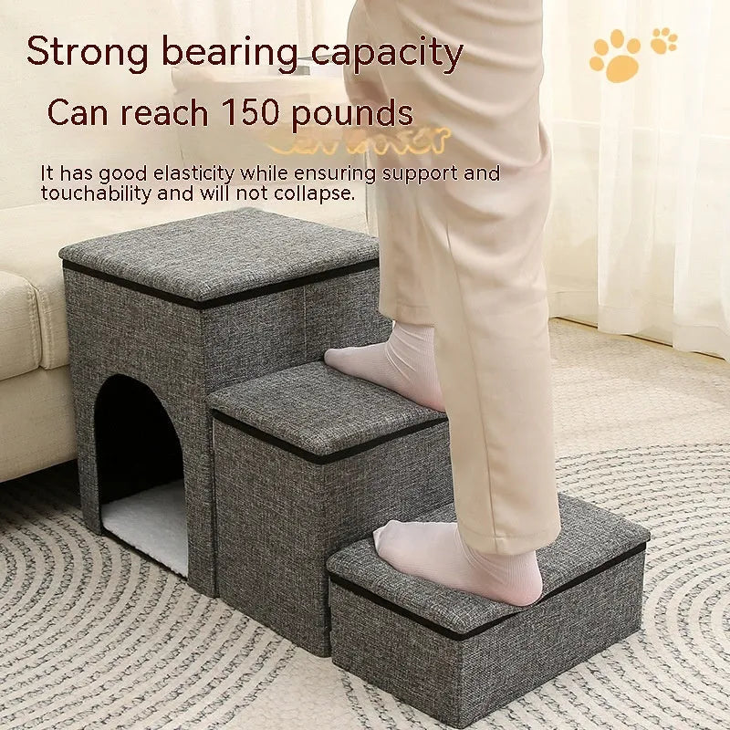 Foldable cloth pet ladder step for dogs and cats, 72 x 33 x 41 cm, in grey, navy blue, or khaki