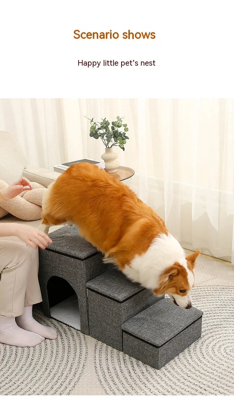 Foldable cloth pet ladder step for dogs and cats, 72 x 33 x 41 cm, in grey, navy blue, or khaki