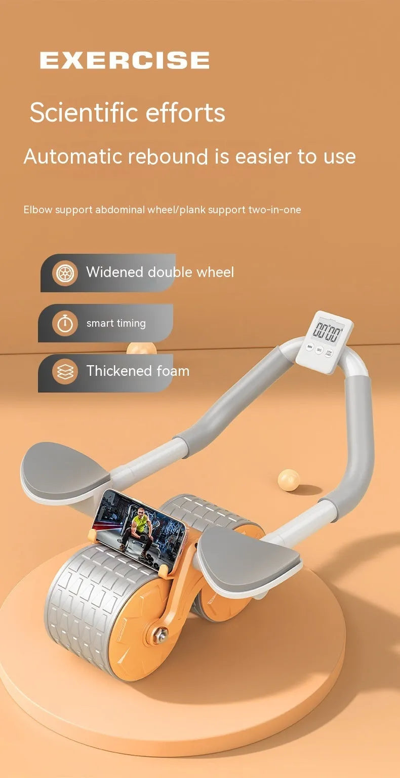 Orange elbow support abdominal wheel on floor for belly flattening fitness exercise