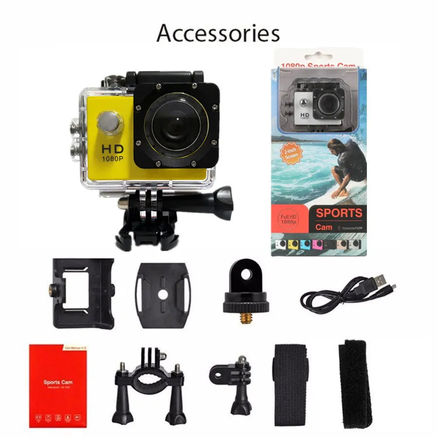 Waterproof sports camera recorder with 30 metre depth rating in black ABS plastic housing showing lens and 2.0 inch display screen