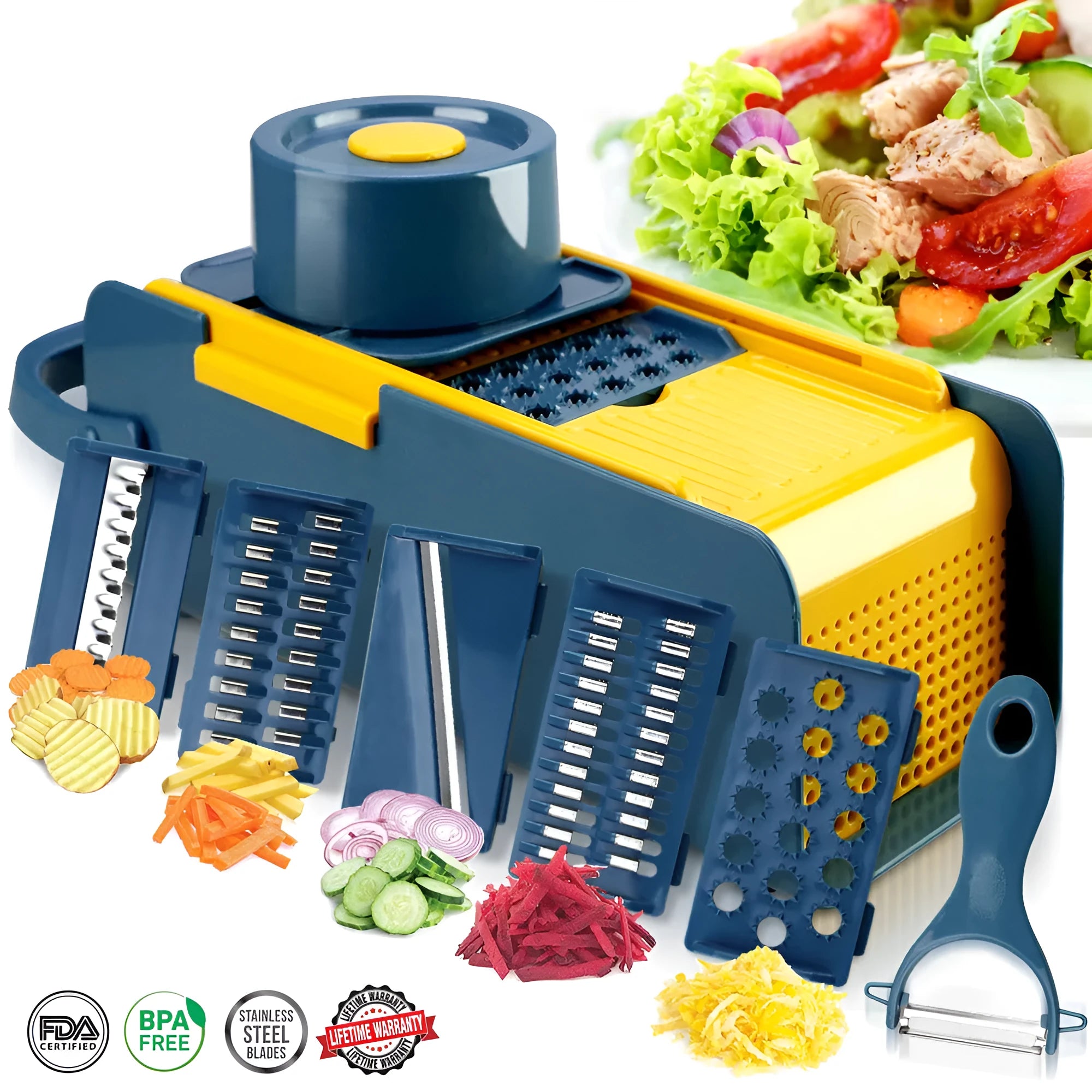 Hand-push grater with ABS plastic body and stainless steel blades on a white background