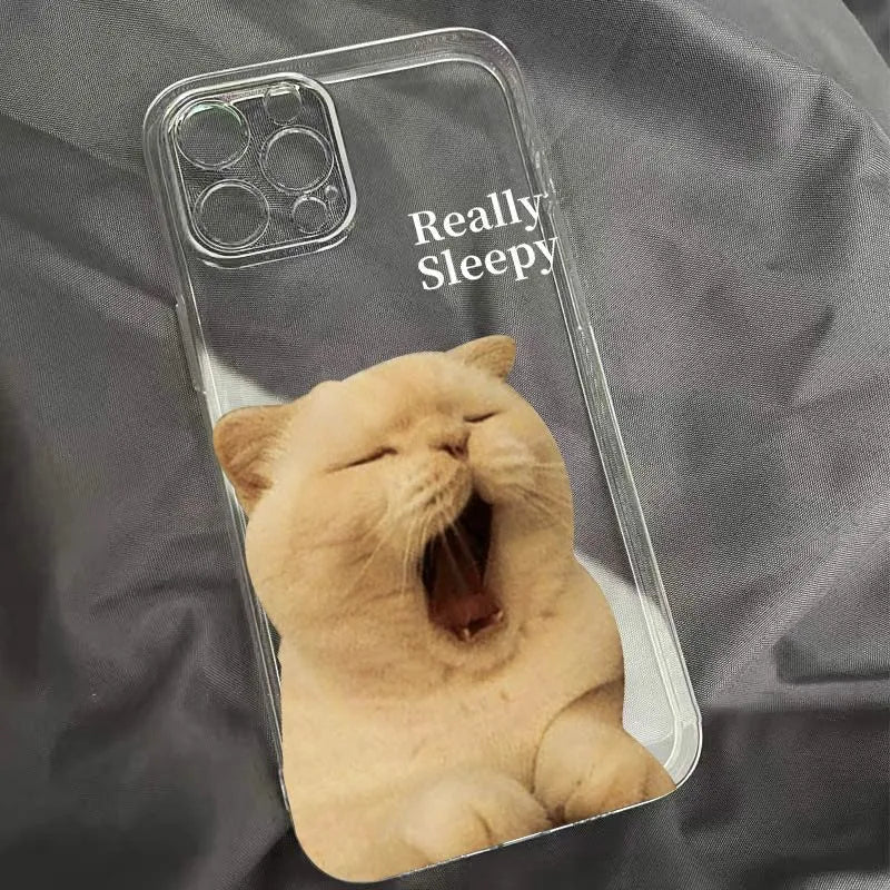TPE phone case with yawn cat design, built-in fold-out bracket, black finish, compatible with iPhone models