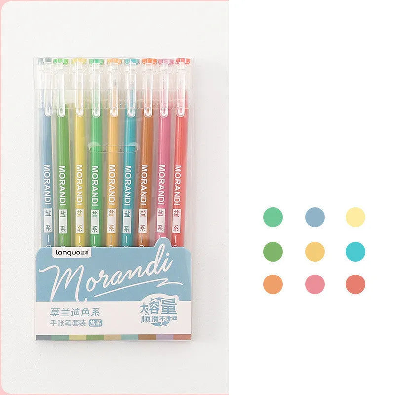 Set of nine colourful retro-style gel pens with 0.5mm needle tips arranged in a pack.
