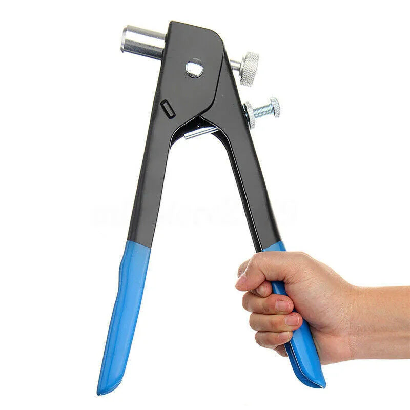 Alloy steel manual riveter tool with assorted nosepieces from a nut gun set.