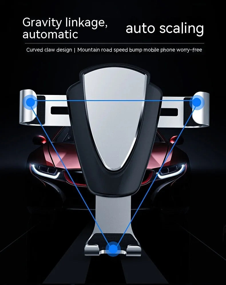 Car sensor gravity bracket for mobile phone in silver finish, showing air outlet clip and phone holding arms