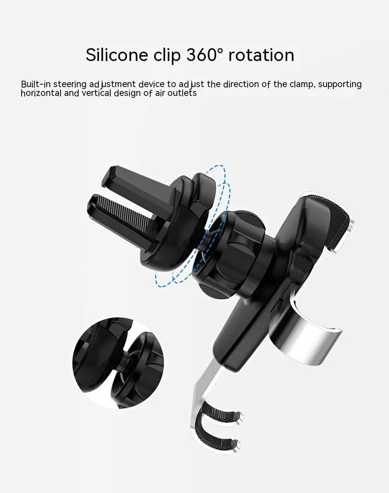 Car sensor gravity bracket for mobile phone in silver finish, showing air outlet clip and phone holding arms