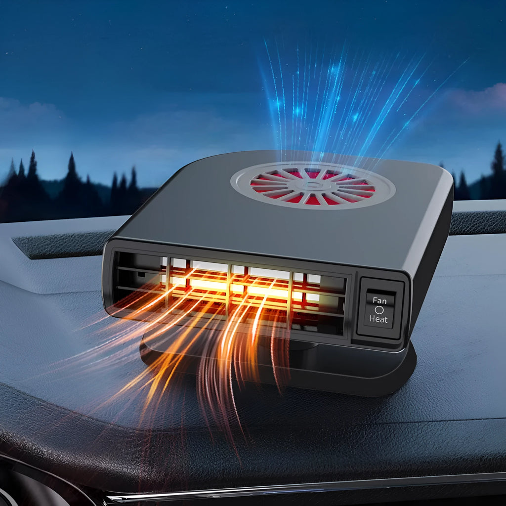 Black ABS plastic 12V car heater for defrosting windscreens and purifying cabin air.