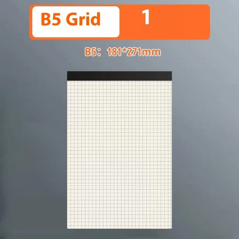 A5, B5, and A4 writing pads with tearable sheets in line, grid, and blank page styles.