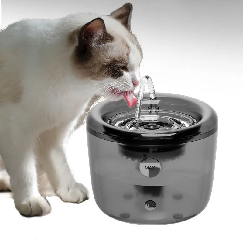Grey automatic pet water fountain with USB power cable and circulating filter system
