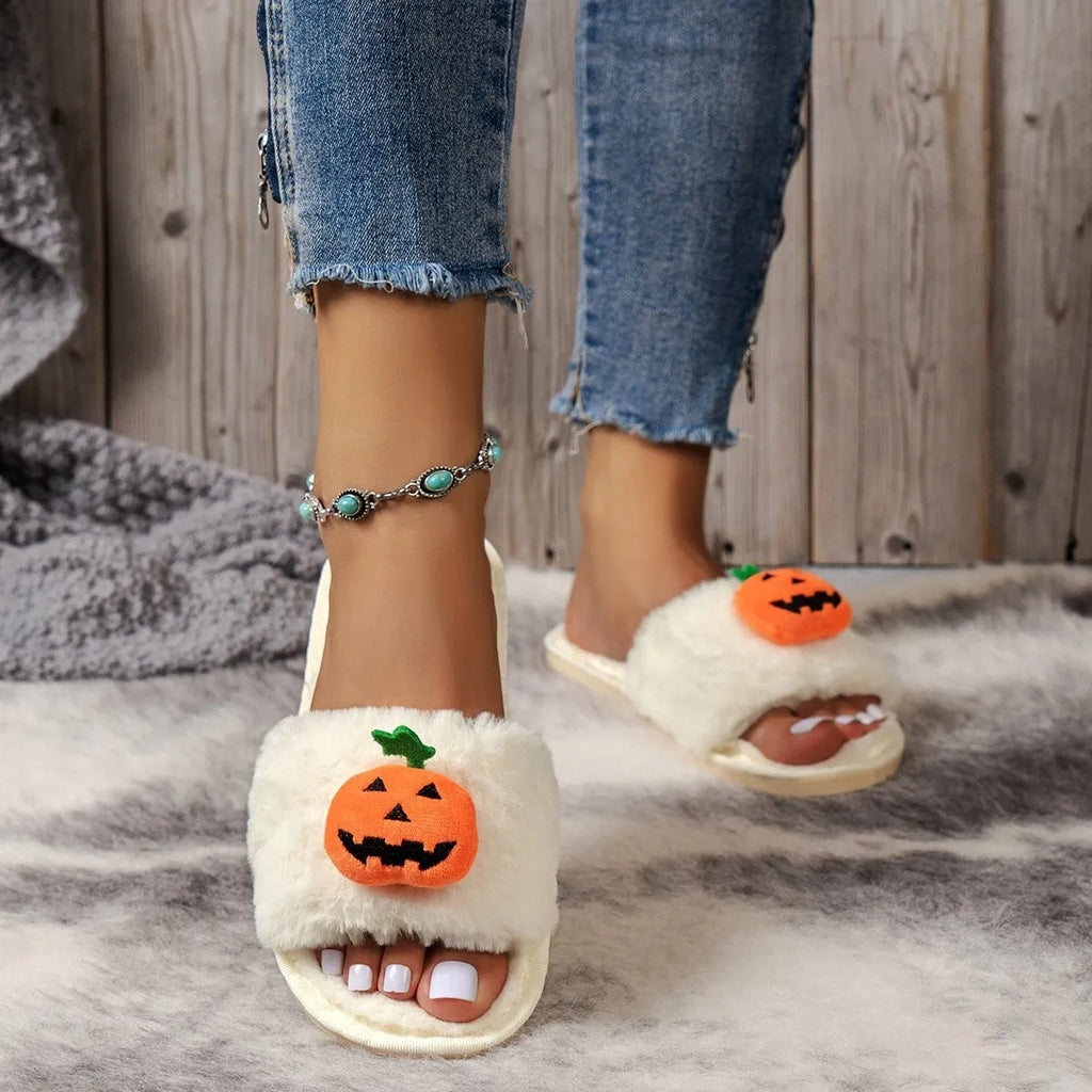 Halloween pumpkin plush slippers with cartoon design on synthetic fur upper, open toe style