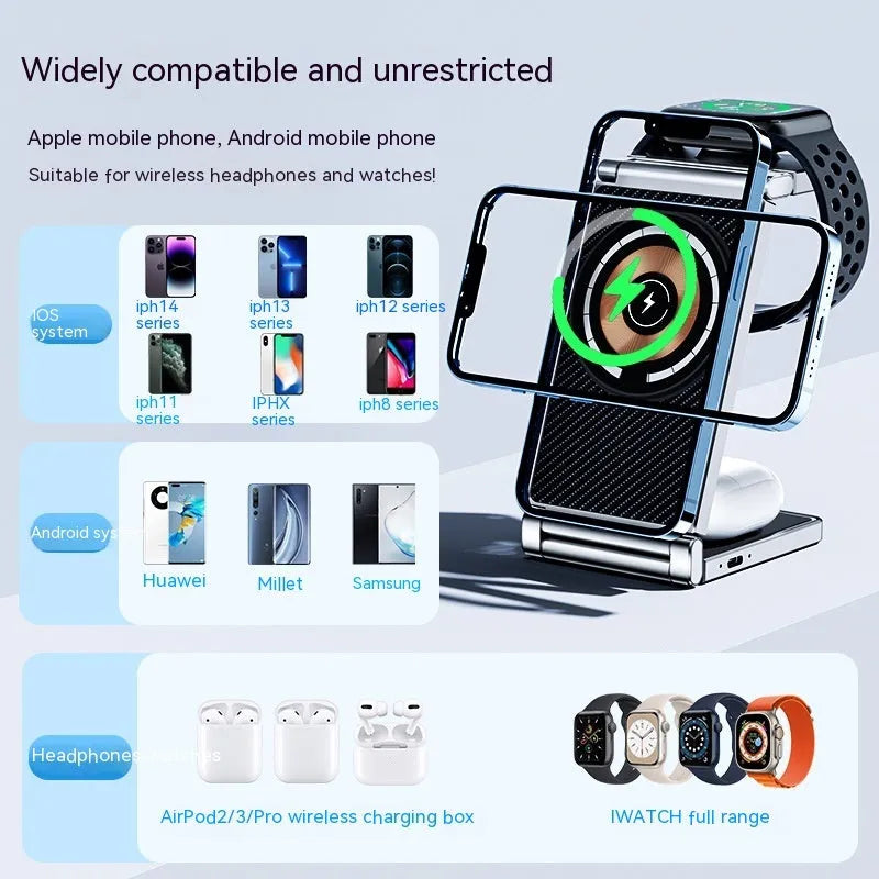 Multifunctional folding magnetic wireless charger four-in-one for Apple devices in black with phone, earphones and watch charging