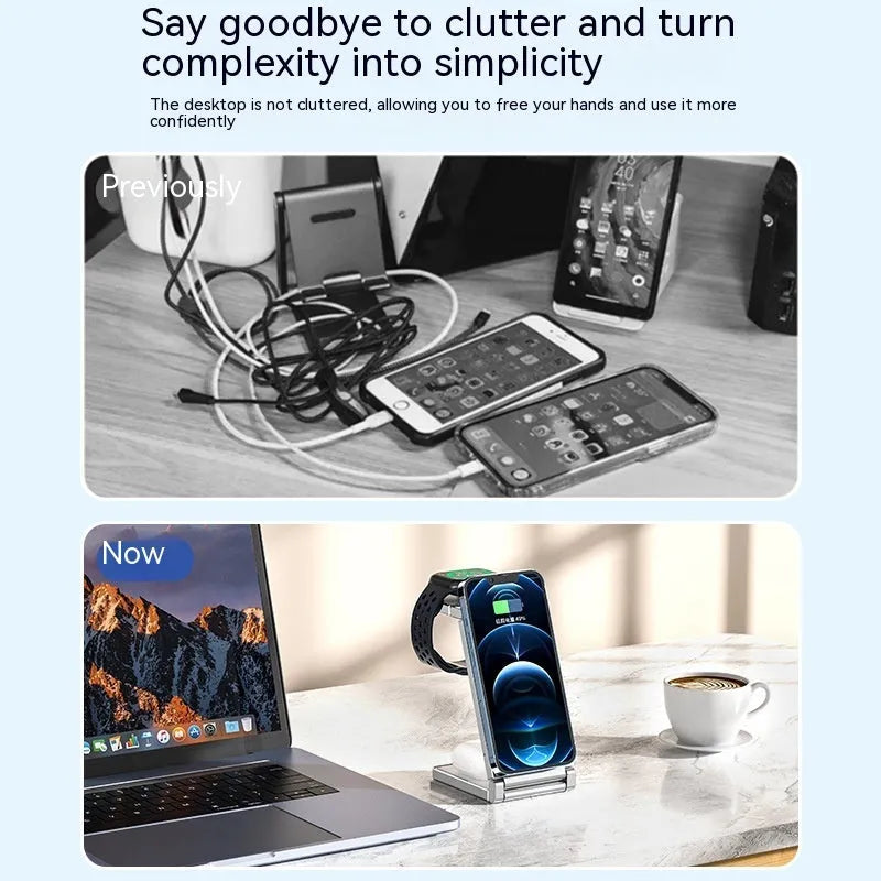 Multifunctional folding magnetic wireless charger four-in-one for Apple devices in black with phone, earphones and watch charging