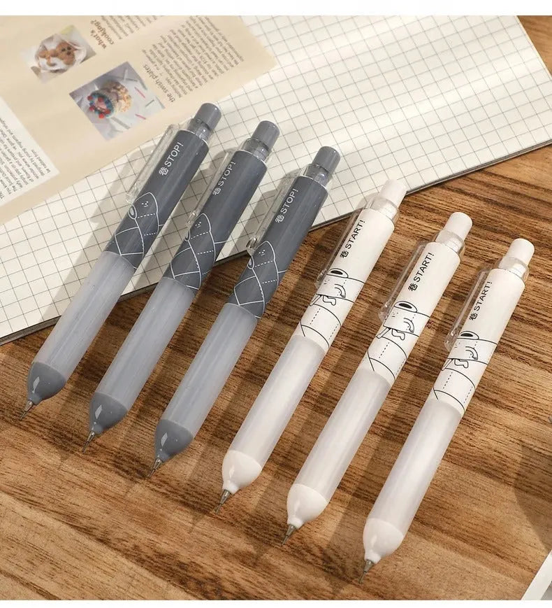 Black and white 0.5mm automatic pencil with a cloud grip, shown as a single unit and a two-piece set.