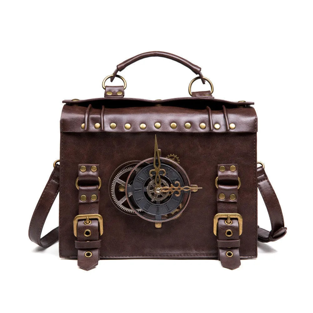 Bronze steampunk industrial retro shoulder bag with metal hardware in horizontal square pillow design