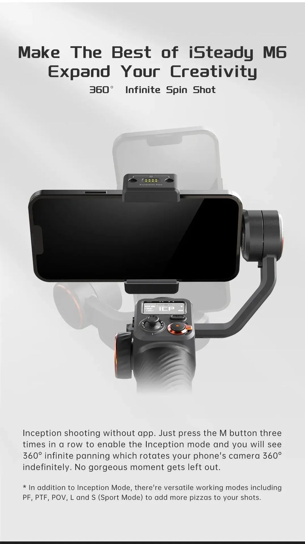 Black three-axis smartphone gimbal stabiliser with magnetic AI fill light attached and tripod extended