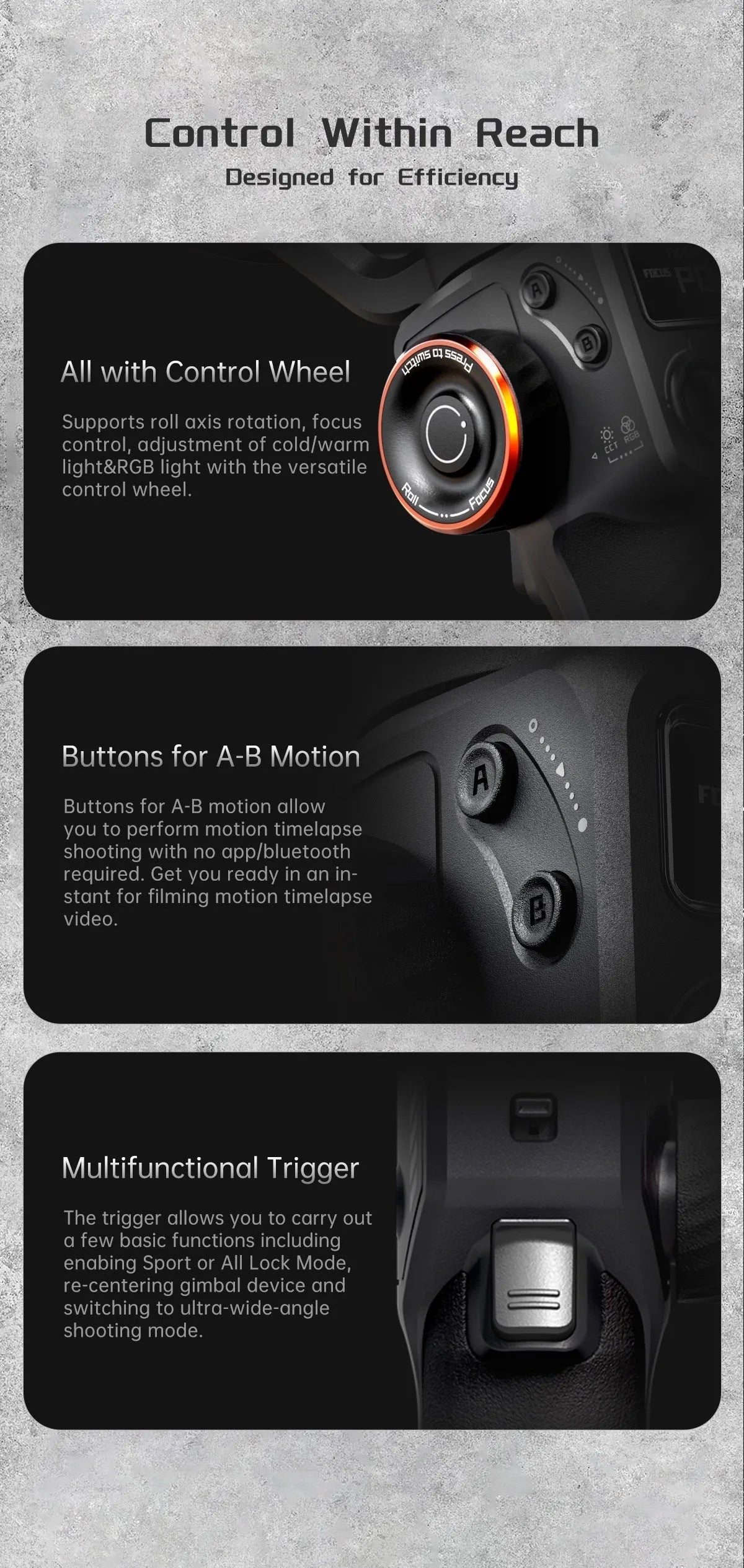 Black three-axis smartphone gimbal stabiliser with magnetic AI fill light attached and tripod extended