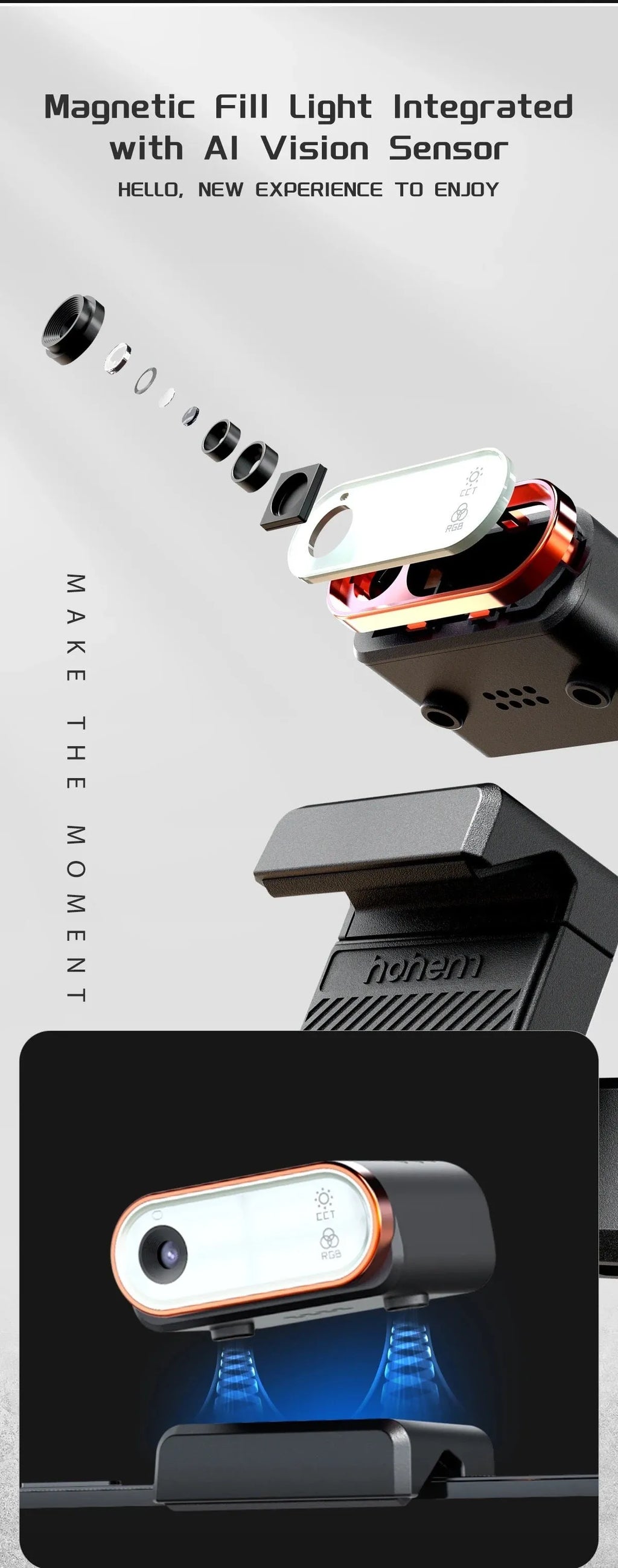 Black three-axis smartphone gimbal stabiliser with magnetic AI fill light attached and tripod extended