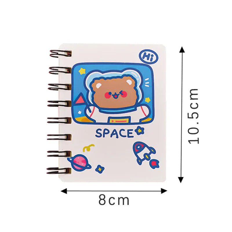 Astronaut-themed portable flipper notebook showing 10.5 by 8 cm size and colourful cover options.
