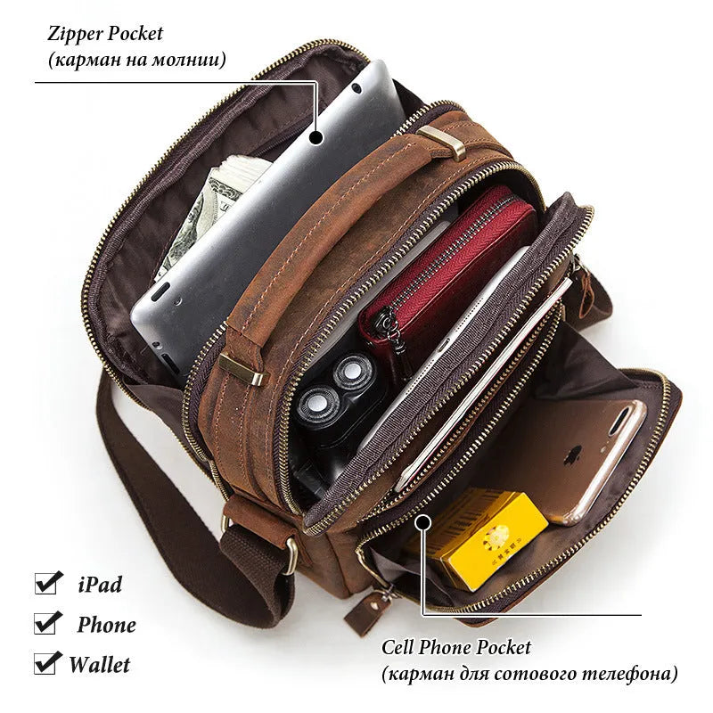 Men's brown Crazy Horse leather crossbody bag with visible sewing lines and adjustable shoulder strap