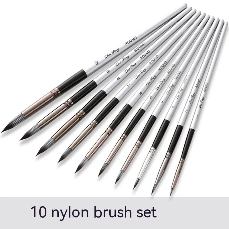 10-piece nylon hair brush set with wooden handles, silver gray rod detail, and round front tips, 20-23cm long